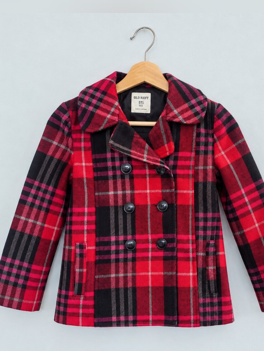 OLD Navy Girls' Plaid Peacoat S/P 6-7 Red Black Tartan Wool-Style Holiday Preppy